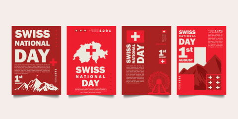 Set of modern swiss national day poster for social media post, cover, banner
