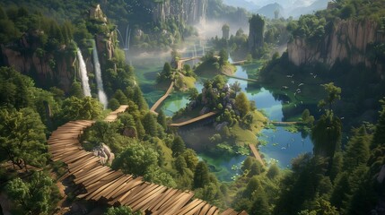 A beautiful wooden path winding through dense forest, leading to a breathtaking vista of interconnected lakes and cascading falls