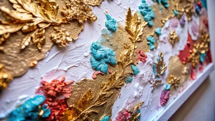 Abstract interior painting made of texture paste and gold leaf. Waves