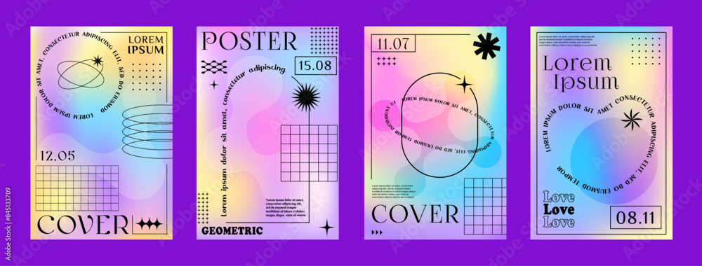 Poster rainbow hologram y2k gradient brutal posters. vector line abstract geometric shapes and aesthetic gr