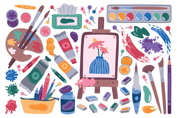 Painter tools. Paint art brush, craft doodle pencil and children draw, cute watercolor class or school stationery. Brushes for artist and acrylic paints vector cartoon flat isolated illustration