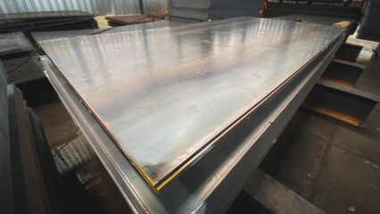 construction products Background concept or introduction of steel products Square metal pipe piles, steel gutters, angle iron,Channel Steel.thick hot rolled steel sheets stack corner, close-up