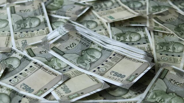 Close up view of brand new indian 500 rupees banknotes. Money background.