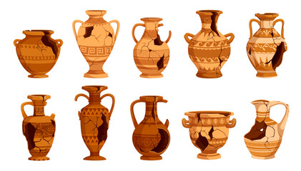 Ancient broken pottery and vases. Old ceramic cracked pots and jugs. Isolated vector set of shattered fragments of archaeologists artefacts, historical crockery and past civilization cultural heritage