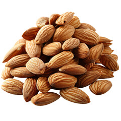 A close-up shot of a pile of almonds, showcasing their rough texture and natural brown color. isolated on white background.