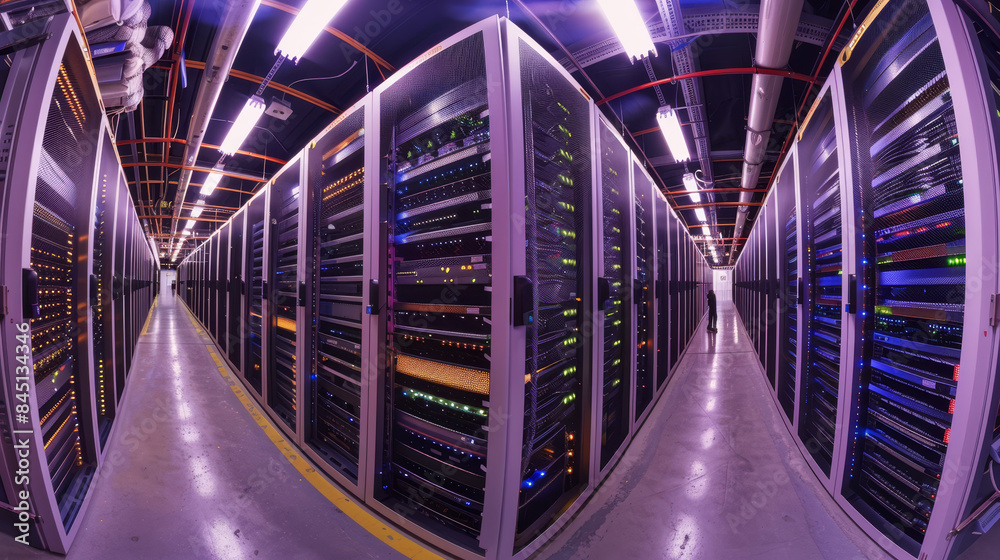 Poster a computer server room with rows of servers