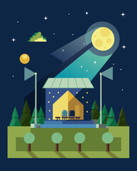 Fototapeta premium Under the starry night sky the solarpowered stage illuminates the outdoor movie screening with its sustainable energy.. Vector illustration