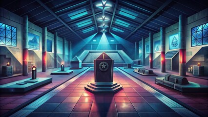 The interior of a Holocaust museum, showing exhibits and memorials.