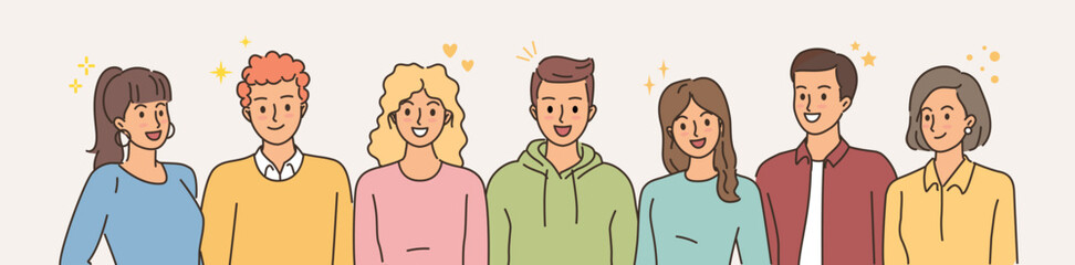 Happy people. Smiling men and women. Doodle colleagues team. Friends flat portrait. Business group. Cheerful characters standing together. Positive employees. Vector office community