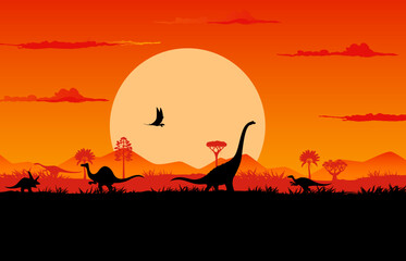 Dinosaurs silhouettes on sunset prehistoric landscape with trees and plants. Vector background with brachiosaurus and triceratops dino, flying pterosaur shadow in front of large sun in orange dusk sky © Vector Tradition