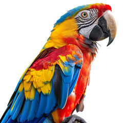 Obraz premium Vibrant macaw parrot with colorful feathers, posing gracefully against a white background, showcasing its bright blue, yellow, and red plumage.