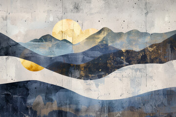 Naklejka premium A painting of mountains with a sun in the sky