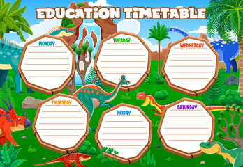 Education timetable schedule with prehistoric dinosaurs. Vector dino-themed educational planner with days of the week on wooden plaques at Jurassic landscape with t-rex, brachiosaurus and triceratops © Vector Tradition