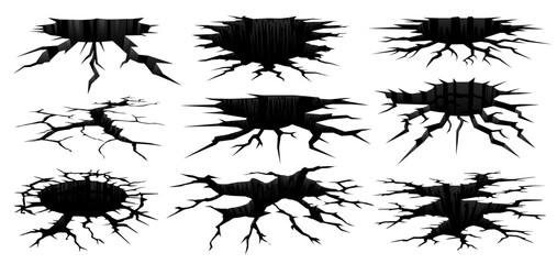 Ground earthquake cracks and holes. Vector set of jagged, edgy fissures. Isolated black earth gaps, resembling shattered or fractured surface with dynamic, abstract shapes. Split and damage cracks