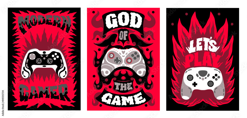 Wall mural Game boy prints. Video gamer design. Control joystick for T-shirt with slogan and gamepad console. Modern cyber play. Red fire flames. Gaming controller. Grunge drawing. Vector banners set