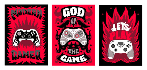 Game boy prints. Video gamer design. Control joystick for T-shirt with slogan and gamepad console. Modern cyber play. Red fire flames. Gaming controller. Grunge drawing. Vector banners set © SpicyTruffel