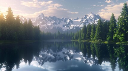 Sunrise over a peaceful alpine lake, with the water perfectly reflecting the surrounding snow-capped mountains and dense green forest
