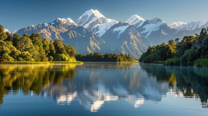 Fototapeta premium The calm waters of an alpine lake reflecting the snow-capped peaks and surrounding lush green forest as the morning sun rises
