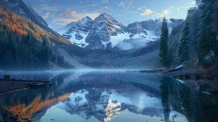 The first light of dawn illuminating an alpine lake, with mirrored reflections of the snowy peaks and dense forests along the shore