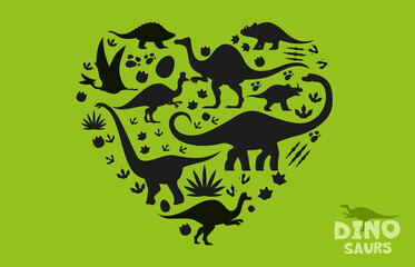 Prehistoric dinosaurs silhouettes in heart shape. Vector playful and artistic black shadows of dino spices and prehistoric elements like footprint trails and plants on a vibrant green background