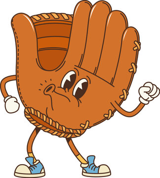 Retro groovy leather baseball glove character. Isolated cartoon vector playful sports equipment personage with a smiling face and sneakers exudes a sense of fun, nostalgia and vintage hippie vibes