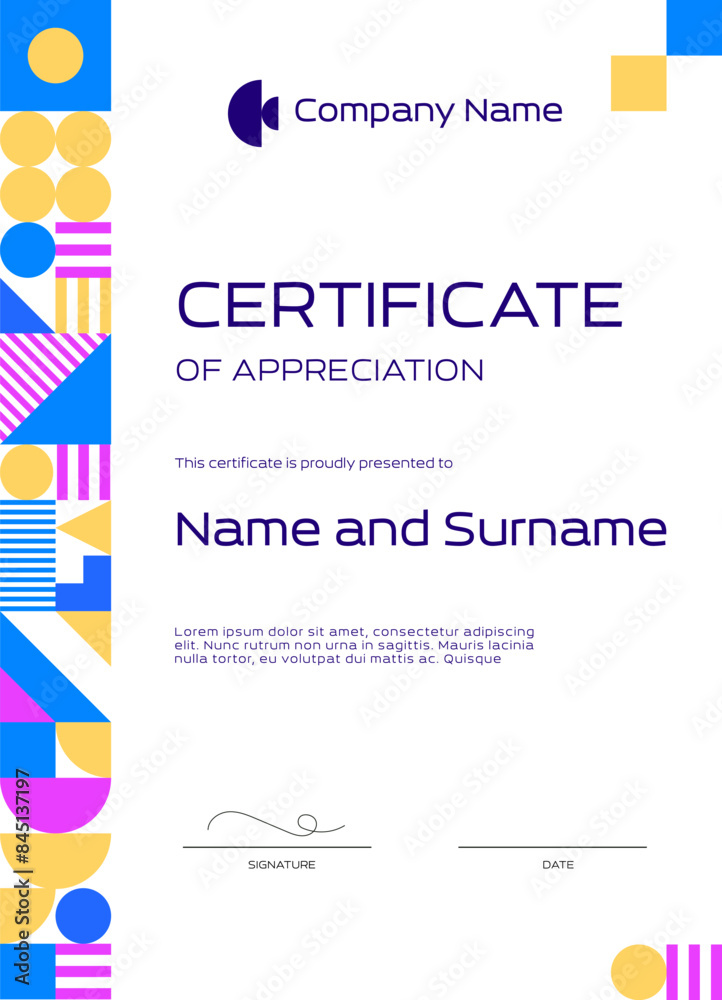 Aufkleber Certificate of appreciation template with abstract modern geometric pattern, vector background. Education award and appreciation diploma certificate template with geometric simple shapes pattern