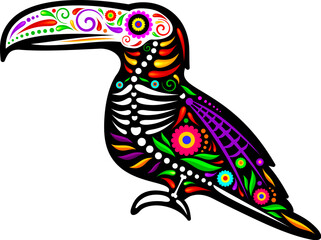 Mexican toucan bird animal tattoo. Isolated vector day of the dead sugar skull or skeleton figure with bones and floral patterns. Dia de los Muertos Mexican toucan tattoo exudes wild spirit of jungle