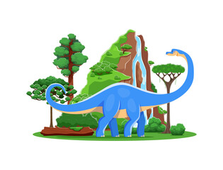 Haplocanthosaurus prehistoric cartoon dinosaur. Vector blue sauropod dino in lush landscape with towering trees, waterfall and cliffs. Ancient Jurassic or Mesozoic world, natural habitat of dinosaurs © Vector Tradition