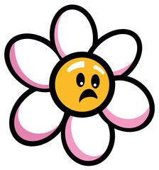 Sad flower with face. Cool Groovy retro Sticker Background. y2k pop art girly pink. Hippie love. 70s and 80s style cute character. Trendy groovy retro print design for posters, cards, tshirt.