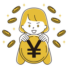 日本円のコインを持って目を輝かせる女性のイラスト