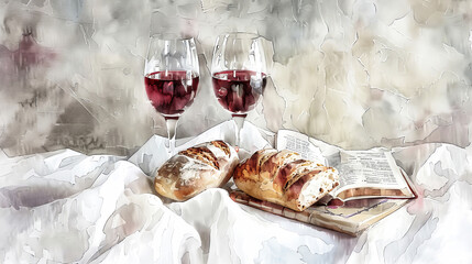 Two glasses of red wine sit beside a loaf of bread and an open bible on a white tablecloth