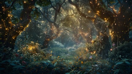 A magical forest with glowing flora and fauna