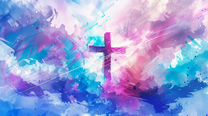 A digital painting depicting a purple Easter cross standing against a backdrop of blue, pink, and white watercolor clouds