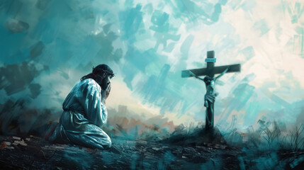 Obraz premium A painting depicting Jesus kneeling in prayer in the Garden of Gethsemane, with the cross looming in the background