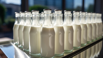 A close-up shot of a row of glass milk bottles, standing in a metallic rack, bathed in warm afternoon sunlight