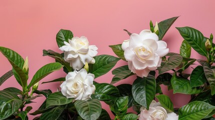 Close up of white gardenia blossoms against a pink backdrop