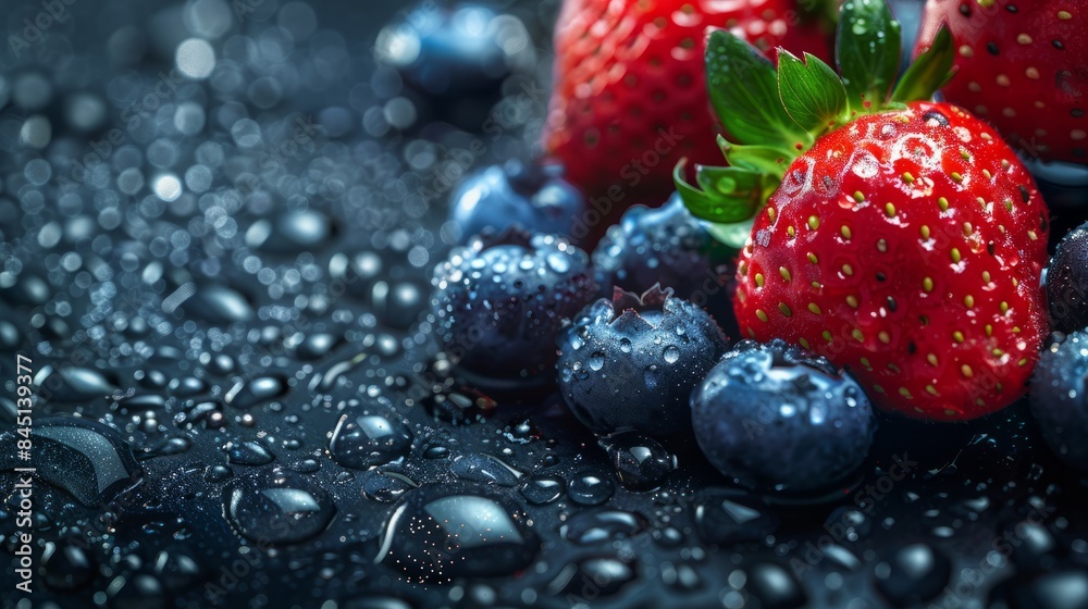 Wall mural A macro photo of ripe strawberries and blueberries, glistening with water droplets on a dark surface - Wall murals