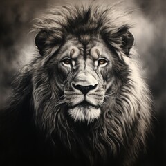 Naklejka premium Black and white portrait of a majestic lion, showcasing its powerful gaze and detailed mane in a dramatic style