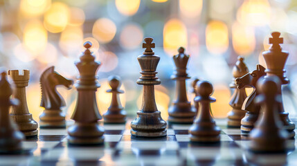 Closeup of brown wooden chess pieces on a chessboard