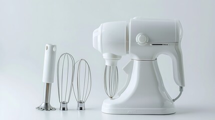 Electric hand mixer with multiple attachments on white background.