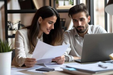 Stylish female managers and young men sit at desks in the office, working together on laptops and using paper documents. Happy business teams meet around computer screens to discuss project plans.