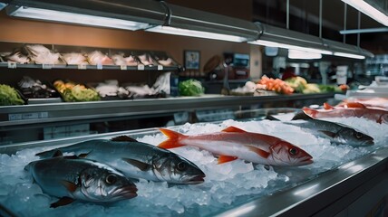 Fresh organic seafood fish in the supermarket
