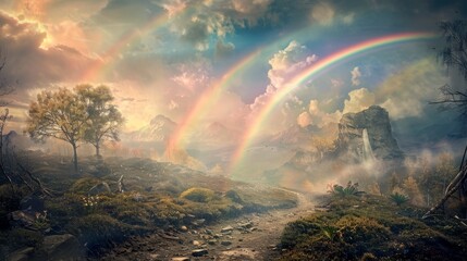 A dreamy landscape with two rainbows arching across the sky, leading to a distant mountain. The scene is filled with lush greenery, fog, and a sense of wonder