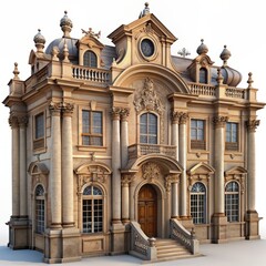 Fototapeta premium 3D Render of a Baroque Palace Facade, on isolated white background, Generative AI