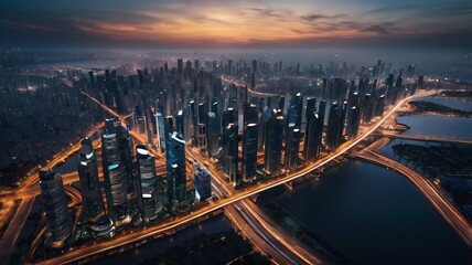 A futuristic city at night with neon lights and neon lines