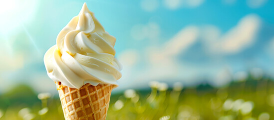 Vanilla ice cream in a cone on the background of a green meadow and a hazy blue sky