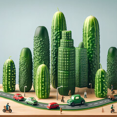 砂漠にそびえるキュウリの高層ビルと道路を走るきゅうりの車