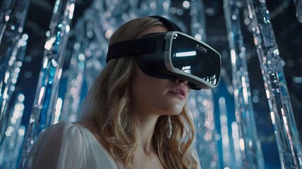 Young woman wearing vr glasses in white crystal