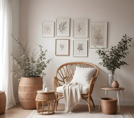 Mockup poster frames on the wall of dining room. Modern Interior mockup. Apartment background. Modern Japandi interior design. 3D render