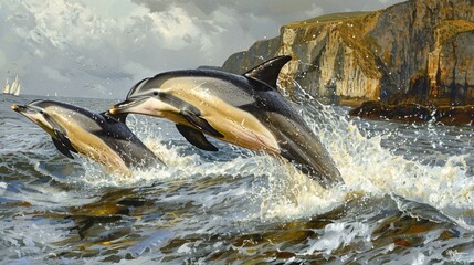 Obraz premium Three sea creatures, including a dolphin, are swimming and playing in the ocean. They are surrounded by waves and are enjoying their time in the water.